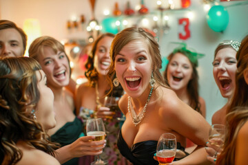 Exuberant Celebration Captured in the Smiling Faces of Friends at a Festive Party - obrazy, fototapety, plakaty