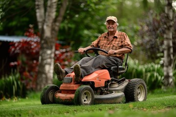 Senior man happy while using a riding lawn mower in a lush garden