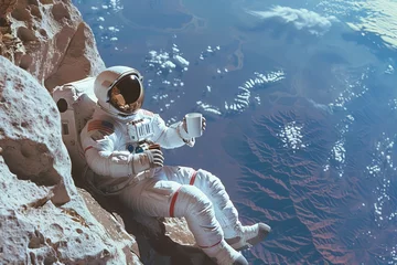 Foto op Canvas An astronaut in space gear relaxes with a beverage, gazing at the Earth, evoking feelings of wonder and isolation © ChaoticMind
