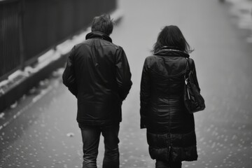 An evocative scene capturing two people walking away, their backs to the camera, in a stark black and white composition