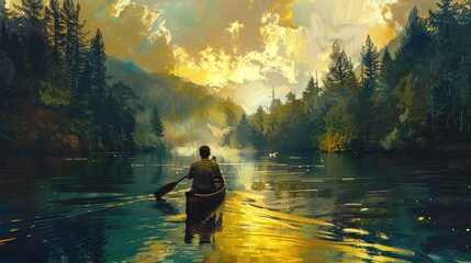 painting a man paddling a canoe down a river. Travel and adventure lifestyle with outdoor - obrazy, fototapety, plakaty