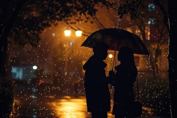 An evocative photo of a couple under an ornate umbrella, amidst a bokeh of city lights on a rain-soaked street