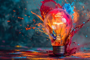 A colorful light bulb with a splash of paint on it