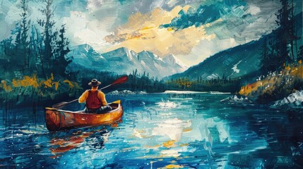 painting a man paddling a canoe down a river. Travel and adventure lifestyle with outdoor - obrazy, fototapety, plakaty