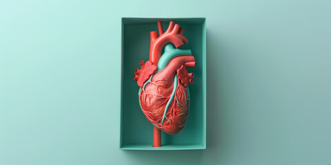 Organspende | Modell eines menschlichen Herzen liegt in einer Box auf türkisem Untergrund - obrazy, fototapety, plakaty