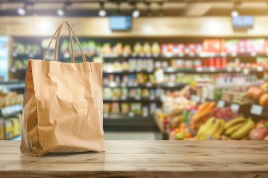 Brown paper shopping bag standing upright with a blurry backdrop of fresh grocery store produce