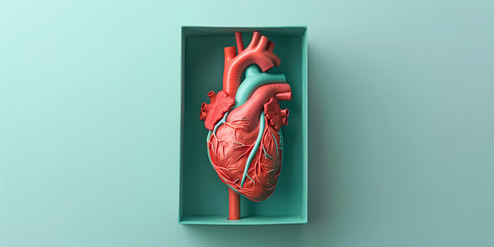 Organspende | Modell eines menschlichen Herzen liegt in einer Box auf t&uuml;rkisem Untergrund