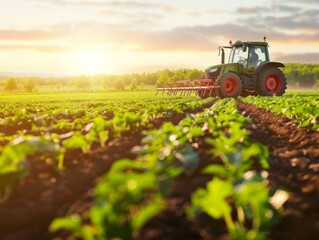 An image showcasing agriculture, featuring a modern tractor plowing a field with young crops during golden hour