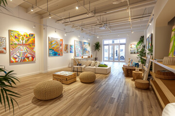 Modern Art Gallery Interior with Vibrant Paintings and Cozy Design