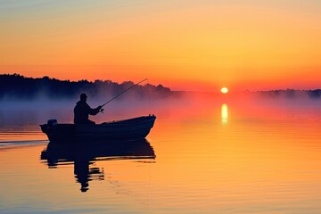Fisherman Casting His Line From A Boat At Sunrise - obrazy, fototapety, plakaty