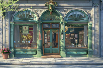 Charming Vintage Bookstore Facade with Ornate Green Arched Windows and Door