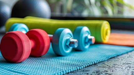 An array of colorful dumbbells and yoga mats neatly arranged on a textured blue workout mat for a fitness session