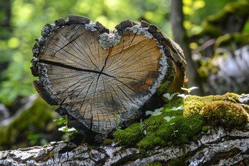 Forest dig cemetery, funeral background - Closeup of wooden heart on moss. Natural burial grave in the woods. Tree burial
