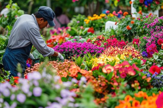 Gardener Tending To A Lush, Colorful Flower Garden