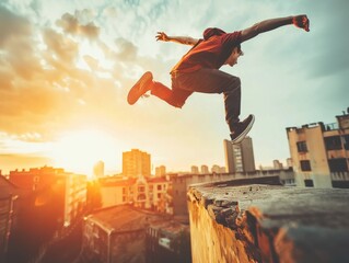 An adventurous skateboarder performs a high-flying trick against a vivid sunset backdrop in the city, showcasing athleticism and freedom