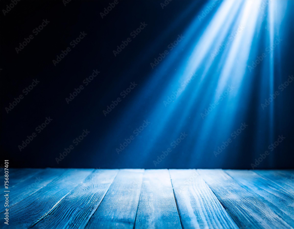 Poster abstract dark blue background illuminated by soft studio light, with an empty stage at the forefront