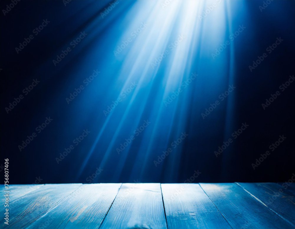 Poster abstract dark blue background illuminated by soft studio light, with an empty stage at the forefront