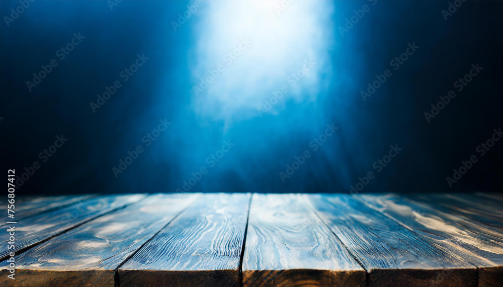 Poster abstract dark blue background illuminated by soft studio light, with an empty stage at the forefront