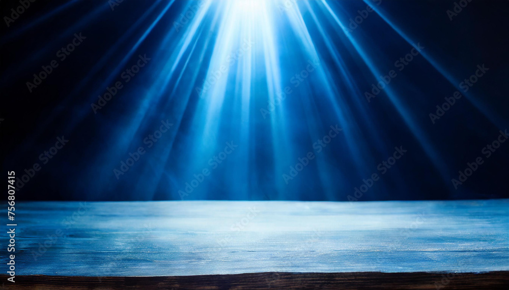 Poster abstract dark blue background illuminated by soft studio light, with an empty stage at the forefront