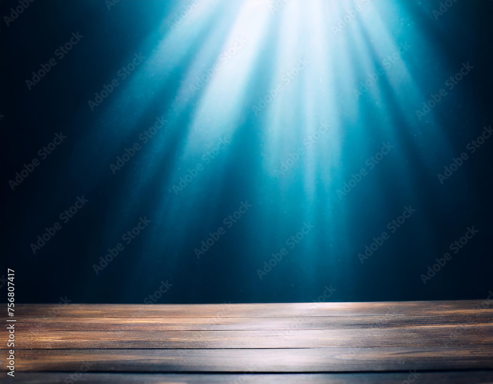 Poster abstract dark blue background illuminated by soft studio light, with an empty stage at the forefront