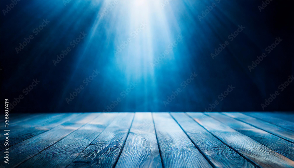 Poster abstract dark blue background illuminated by soft studio light, with an empty stage at the forefront