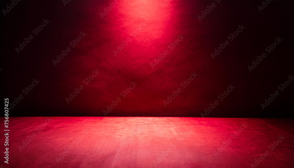 Poster abstract dark red background illuminated by soft studio light, with an empty stage at the forefront