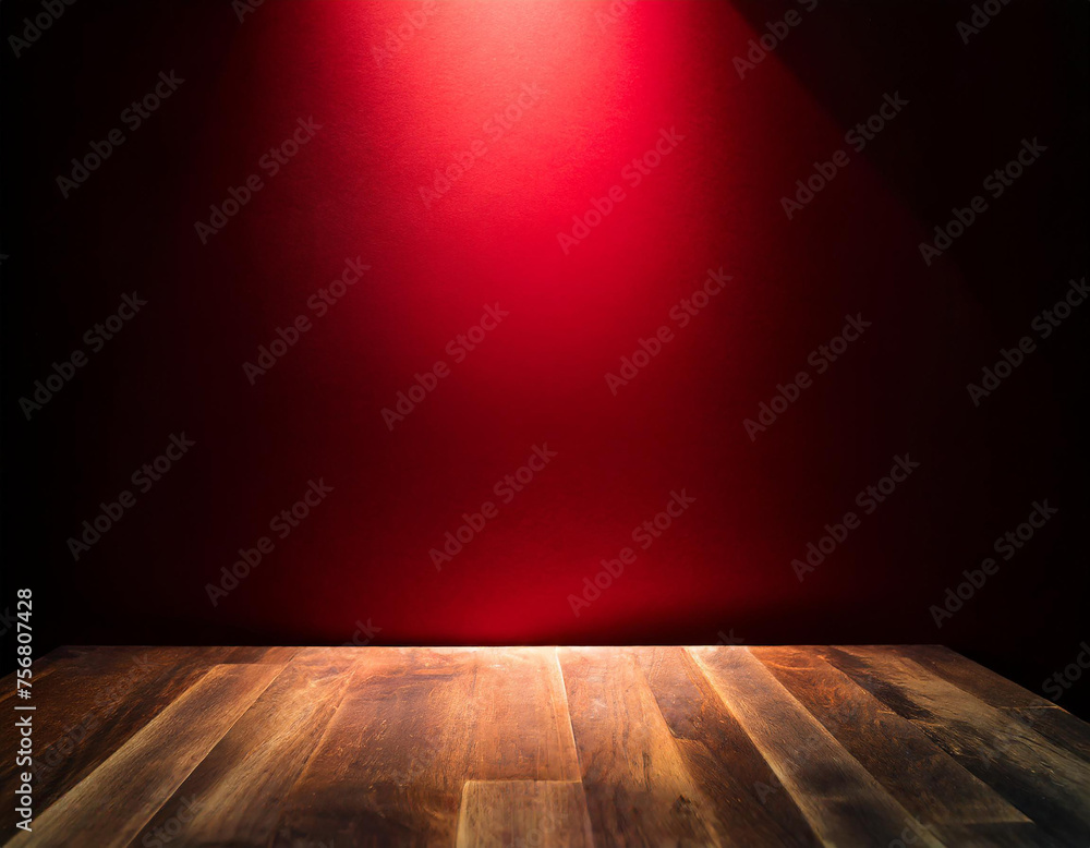 Poster abstract dark red background illuminated by soft studio light, with an empty stage at the forefront