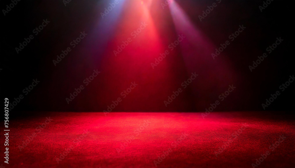 Poster abstract dark red background illuminated by soft studio light, with an empty stage at the forefront
