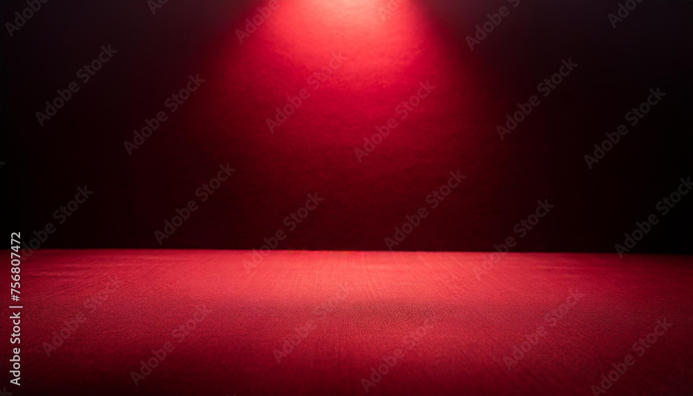 Poster abstract dark red background illuminated by soft studio light, with an empty stage at the forefront