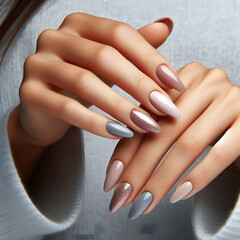 Fototapeta premium well-groomed female hands after manicure on the background of a knitted sweater. Pastel varnish on the nails.