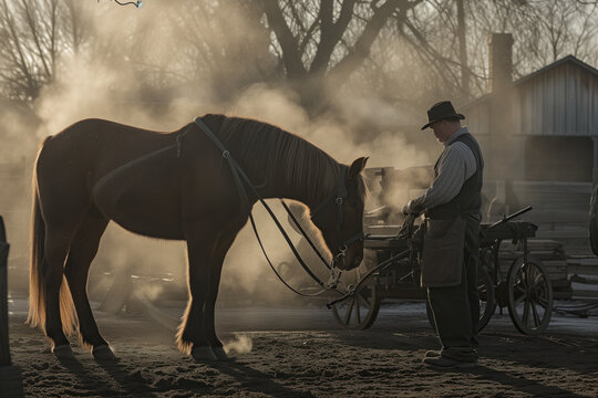 Amish Farmer Preparing His Horse and Buggy in the Early Morning Mist