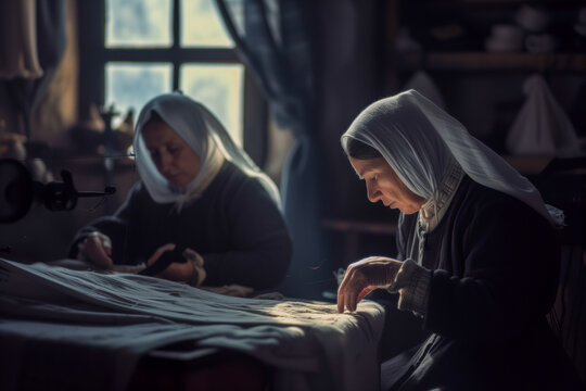 Amish Women Engaged in Traditional Quilting by the Light of a Cozy Window