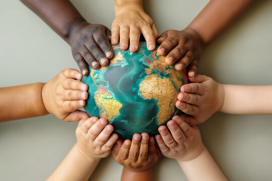 Diverse group of hands of all ages holding a world globe together