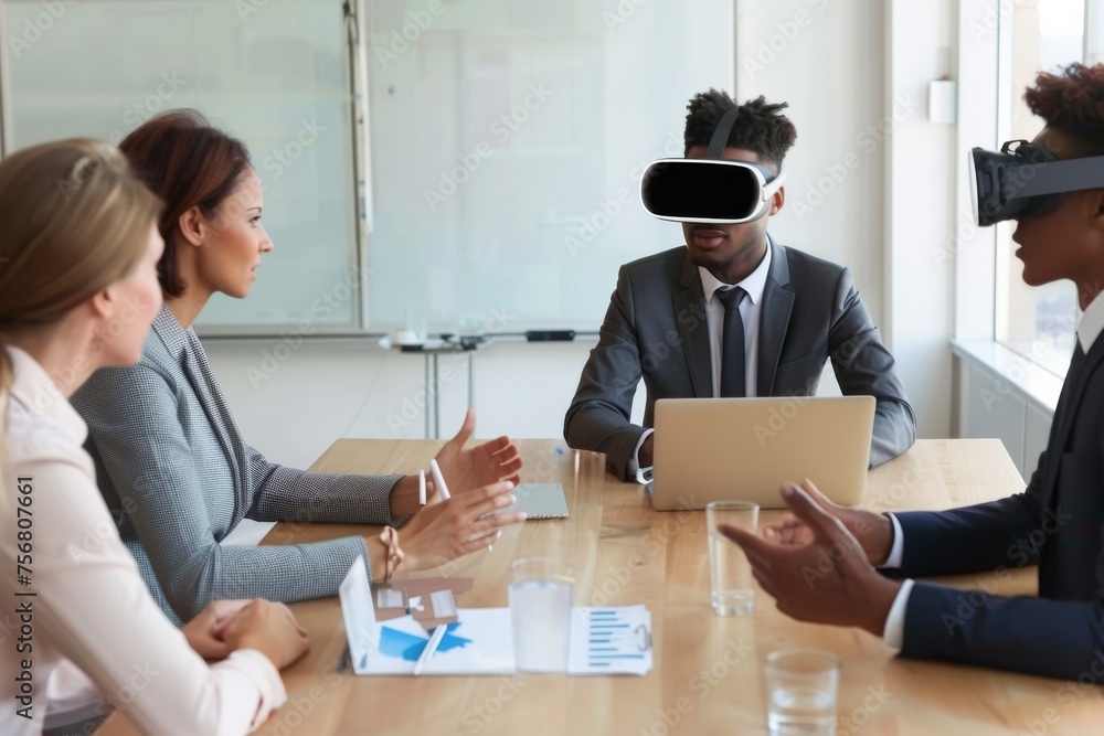 Poster a group of four diverse business individuals involved in a serious discussion with documents and lap