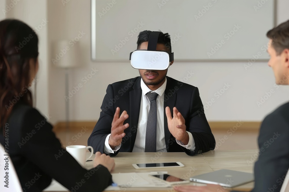 Poster A male in a suit appears to be having a conversation with colleagues in a well-lit meeting room with a laptop and coffee mug on the table