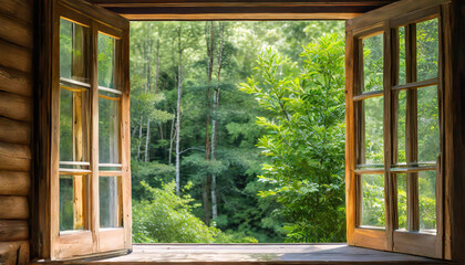 An open window frames a lush green forest, inviting the outside in