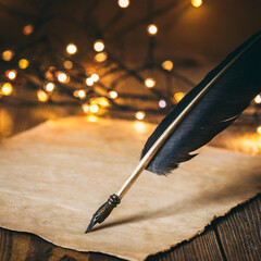 Antique feather quill on vintage paper with glowing light particles
