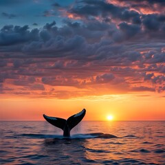 View on a whale in the ocean with beautiful sunset in the sky