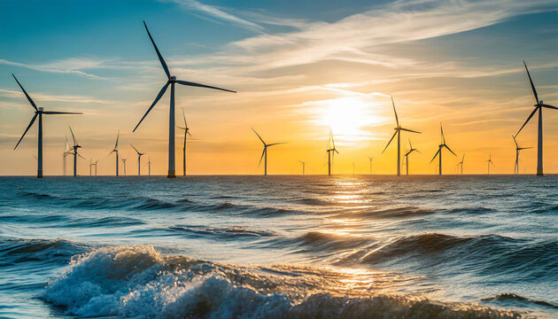 An offshore wind farm with turbines in the ocean, Gentle waves at the bases and a serene sunset background