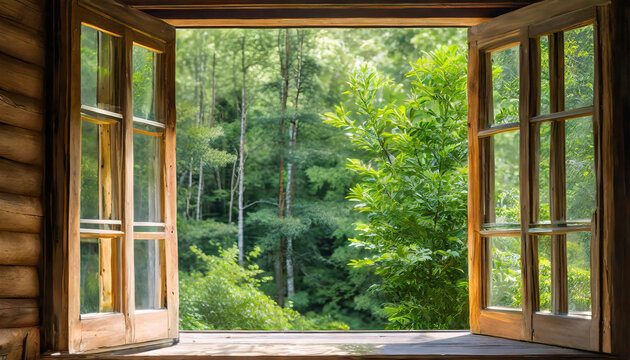 Fototapeta An open window frames a lush green forest, inviting the outside in