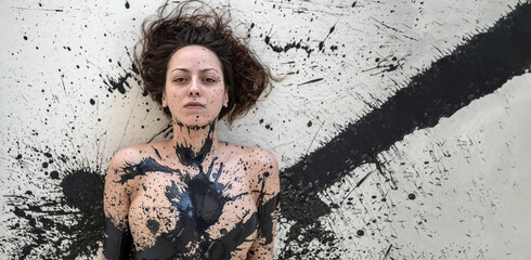Portrait and upper body of young sexy nude blonde beauty proud woman splattered with black paint...
