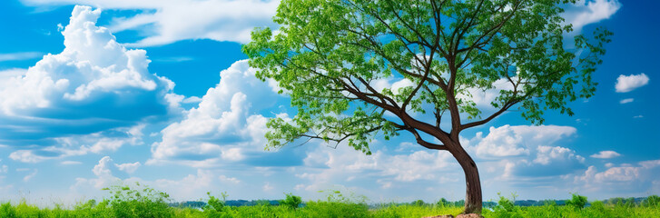 Fototapeta premium Beautiful spring tree branches with young leaves on the blue sky background clouds ecological earth day hour floral banner