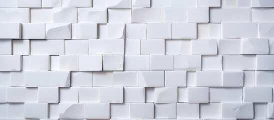 A closeup of a white brick wall with a geometric pattern and symmetrical design. The rectangle grey tiles create a beautiful art piece with parallel brickwork
