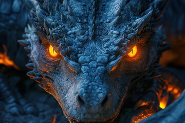 Fierce Blue Dragon with Glowing Orange Eyes in a Dark Mythical Setting - obrazy, fototapety, plakaty