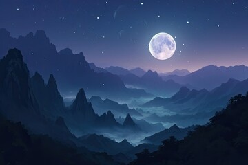 Naklejka na ściany i meble Mountainous Landscape Bathed In Moonlight