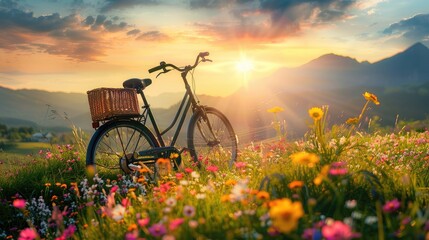 Naklejka premium Bicycle in colorful wildflowers in a green meadow, mountain background, at sunset. Relax with nature