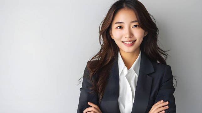Attractive asian businesswoman smiling looking at camera happy confident female leader manager in a suit standing white background with copy space