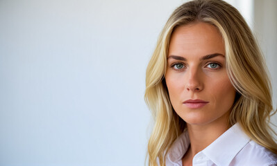 Fototapeta premium Business woman wearing a white shirt and black trousers on a white simple background. Generative AI