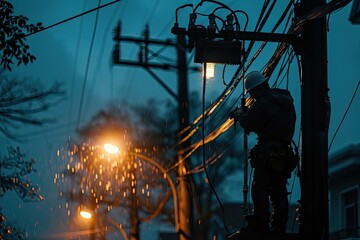 Electrician Repairing Power Lines During A Heavy Storm