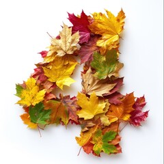 Autumn Leaves Arranged in a Spiraling Number four on White Background